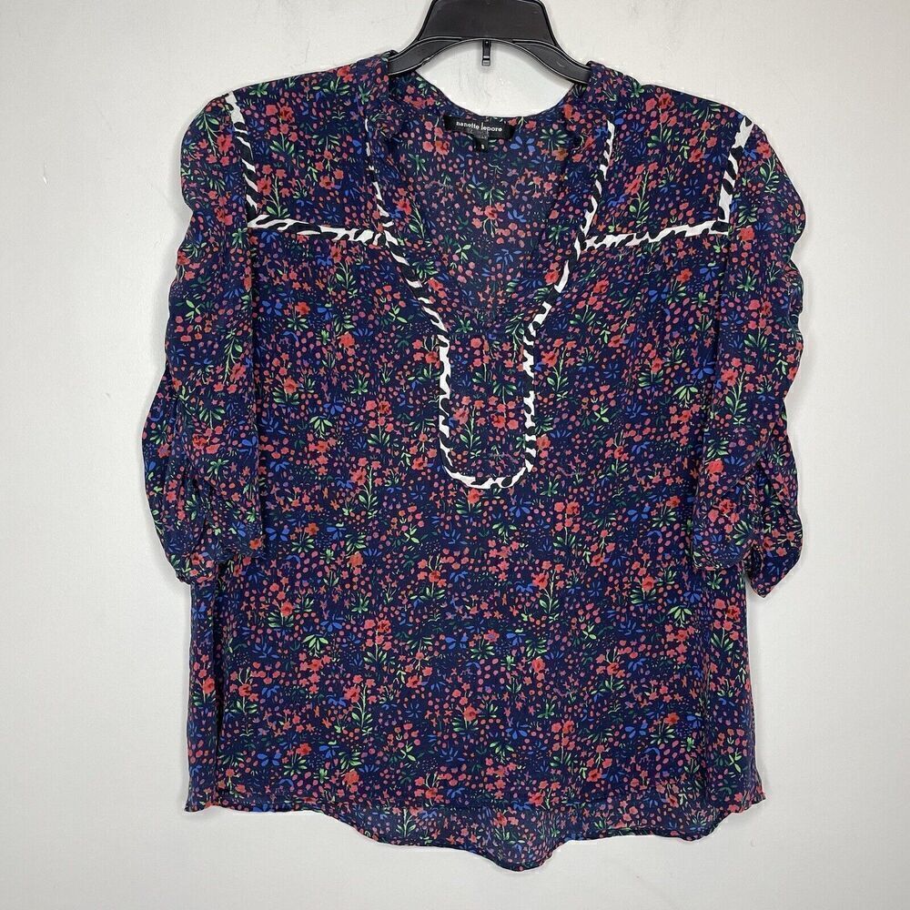 NANETTE LEPORE Silk Top Womens 8 Blue Pink Floral Popover Blouse Half Sleeve